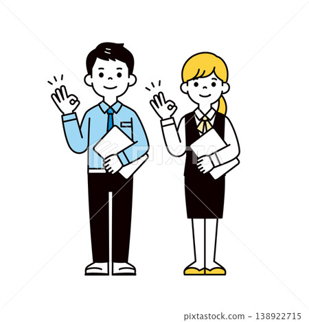 A set of full-body vector illustrations of office workers and female office workers making a hand sign indicating it's OK to hold a PC. A set of full-body vector illustrations of office workers and female office workers making a hand sign indicating it's OK to hold a PC. 138922715