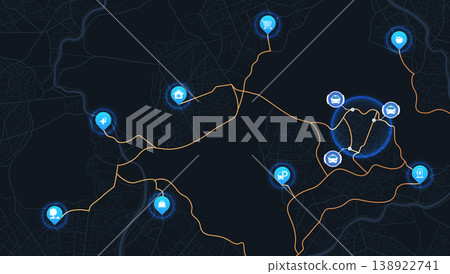 Dark urban plan displaying various points of interest like cafe, parking, and hospital connected by travel paths. Vector illustration. Dark urban plan displaying various points of interest like cafe, parking, and hospital connected by travel paths. Vector illustration. 138922741