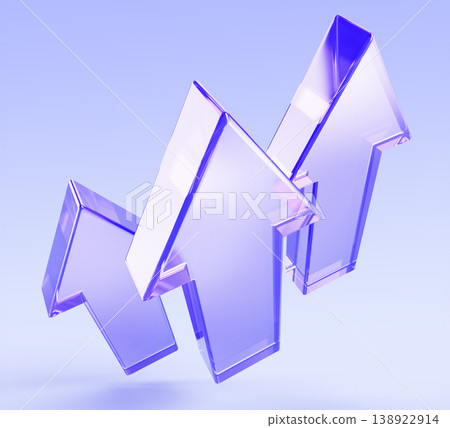 Purple glass 3D arrows moving up speed effect. Iridescent transparent triangle lines with holographic gradient on blue background, top view. Growth, success, positive upward direction. 3D illustration Purple glass 3D arrows moving up speed effect. Iridescent transparent triangle lines with holographic gradient on blue background, top view. Growth, success, positive upward direction. 3D illustration 138922914