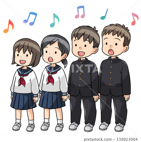Four students (two boys and two girls) singing in a choir. Four students (two boys and two girls) singing in a choir. 138923004