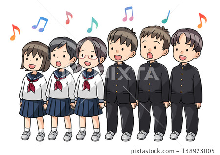 Six students (male and female) singing in a choir. 138923005