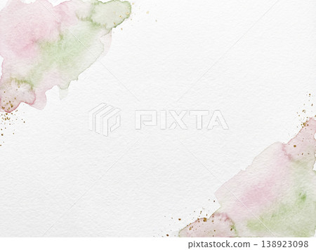 A framed background of washi paper with pale pink and green watercolor paints bleeding through. 138923098