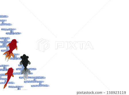 [Goldfish Japanese Pattern Horizontal Frame] Hand Embroidery Illustration Material 138923119