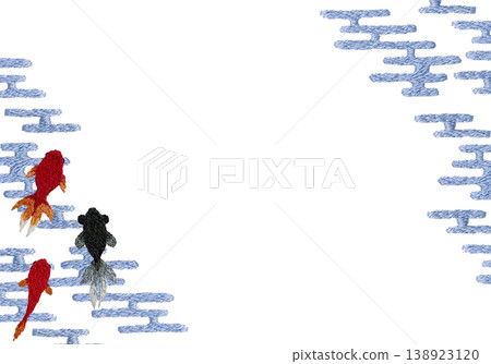[Goldfish Japanese Pattern Horizontal Frame] Hand Embroidery Illustration Material 138923120