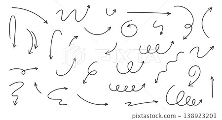 Hand drawn sketch arrow set with curved, spiral and directional doodle arrows collection 138923201