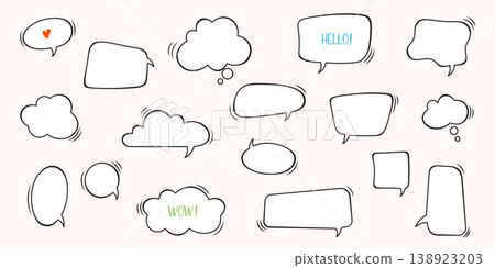 Hand drawn speech bubble collection with doodle comic chat boxes and sketch cloud balloons Hand drawn speech bubble collection with doodle comic chat boxes and sketch cloud balloons 138923203