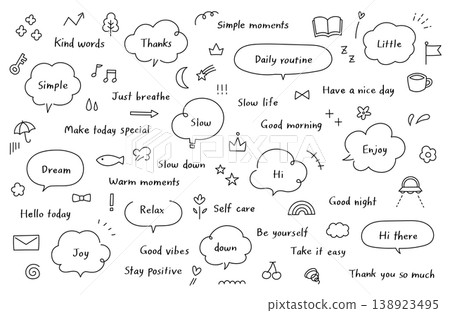 Handwritten text, doodles, speech bubbles, vectors, materials, set, illustrations, arrows, rough sketches, decorations, icons, borders 138923495
