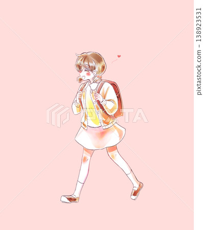 A smiling elementary school girl walking with her schoolbag on her back. A smiling elementary school girl walking with her schoolbag on her back. 138923531