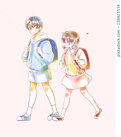 Two children, a boy and a girl, walking side by side; smiling; love; unrequited love. 138923534