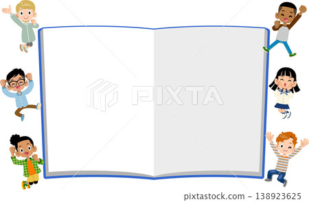Children of various nationalities and races jumping around a blue notebook. Children of various nationalities and races jumping around a blue notebook. 138923625