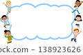 Children of various nationalities and races jumping around a cloud-shaped frame. 138923626