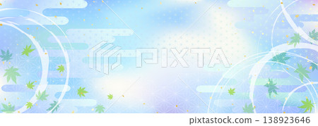 Cool ripples and blue maple leaves: Traditional Japanese pattern background illustration Cool ripples and blue maple leaves: Traditional Japanese pattern background illustration 138923646