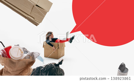 Woman sitting inside cardboard box with laptop and big copy space speech bubble Woman sitting inside cardboard box with laptop and big copy space speech bubble 138923861