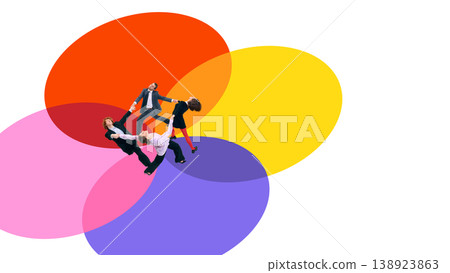 Business people forming circle on four colorful circles. Business people forming circle on four colorful circles. 138923863