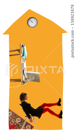 Woman sitting in abstract house interior with remote work setup and clock. 138923878