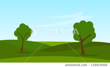 green field with trees and blue sky. landscape cartoon scene background 138924008