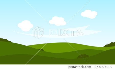 green field and fluffy cloud on blue sky. landscape cartoon scene background  138924009