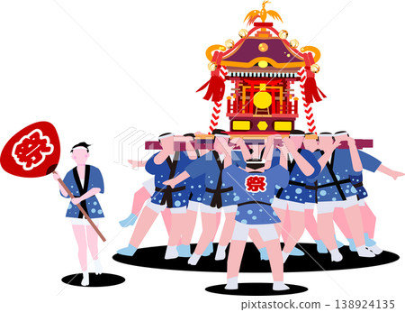 日本夏季祭典：人們抬著便攜式神社（向量圖 - 可編輯，圖層已整理，包含留白） 138924135