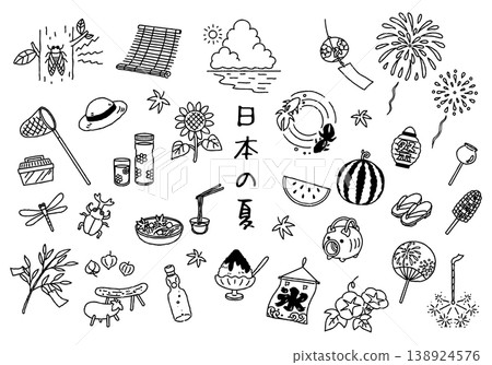 Japanese Summer - Hand-Drawn Illustration Set - Monochrome Japanese Summer - Hand-Drawn Illustration Set - Monochrome 138924576