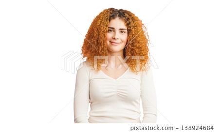 Young woman with red curly hair smiling portrait Young woman with red curly hair smiling portrait 138924684