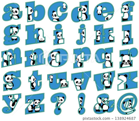 A unique and playful English font-style illustration featuring a cute panda peeking out from among the letters of the alphabet. A unique and playful English font-style illustration featuring a cute panda peeking out from among the letters of the alphabet. 138924687