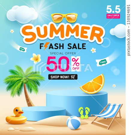 Summer flash sale blue podium display, Duck yellow shaped inflatable ring, coconut trees, beach bed 138924691