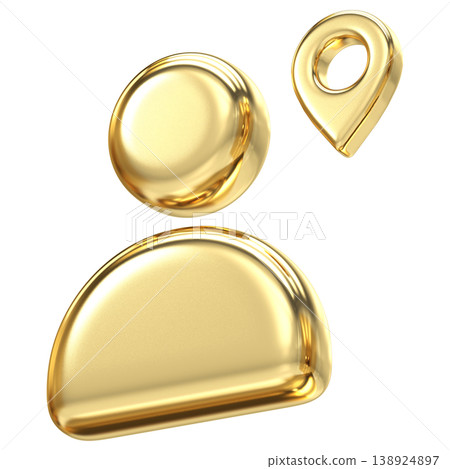 Premium golden user icon with location pin symbol for tracking and navigation, Professional metallic finish ideal for address finders and member positioning interface design 138924897