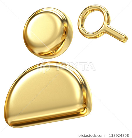 Sophisticated golden user profile icon with magnifying glass for search and discovery, metallic render suitable for finding members and directory search interfaces 138924898