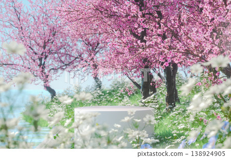 Natural beauty podium backdrop with spring landscape scene. 3d rendering. Natural beauty podium backdrop with spring landscape scene. 3d rendering. 138924905