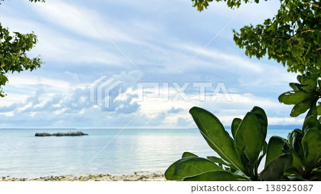 Okinawa, Taketomi Island: The beautiful sea and subtropical plant scenery of Kaiji Beach (Star Sand Beach) 138925087