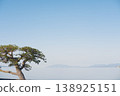 A solitary pine tree reflected on the water's surface, with distant mountain ranges and a tranquil sky. 138925151