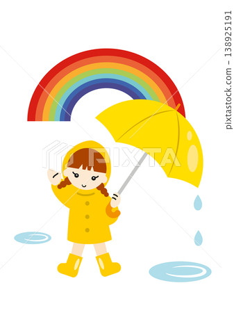 A girl in a yellow raincoat looks up at a rainbow after the rain - Hope, Positivity A girl in a yellow raincoat looks up at a rainbow after the rain - Hope, Positivity 138925191
