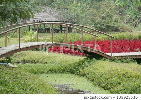 Bridge over a pond with a red flower garden on the right 138925530