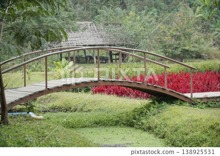 Wooden bridge spans a small stream in a park Wooden bridge spans a small stream in a park 138925531