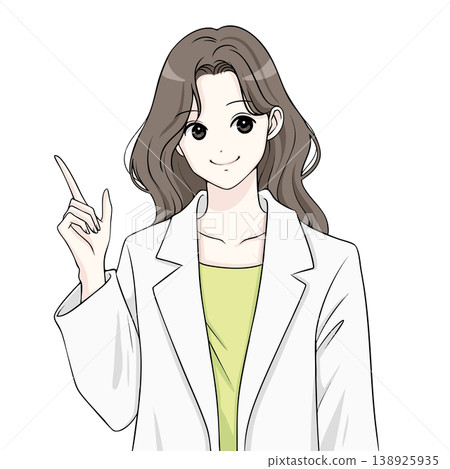 Illustration of a woman in a white coat, a doctor, a lecturer, and a woman pointing. Illustration of a woman in a white coat, a doctor, a lecturer, and a woman pointing. 138925935