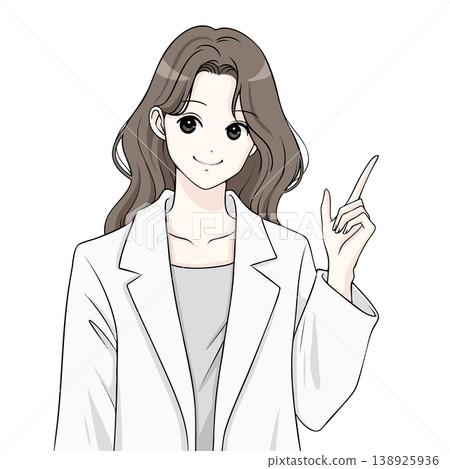 Illustration of a woman in a white coat, a doctor, a lecturer, and a woman pointing. Illustration of a woman in a white coat, a doctor, a lecturer, and a woman pointing. 138925936