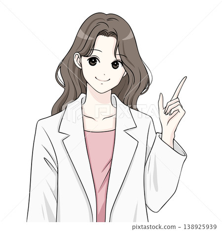 Illustration of a woman in a white coat, a doctor, a lecturer, and a woman pointing. Illustration of a woman in a white coat, a doctor, a lecturer, and a woman pointing. 138925939