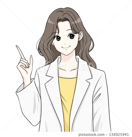 Illustration of a woman in a white coat, a doctor, a lecturer, and a woman pointing. Illustration of a woman in a white coat, a doctor, a lecturer, and a woman pointing. 138925941