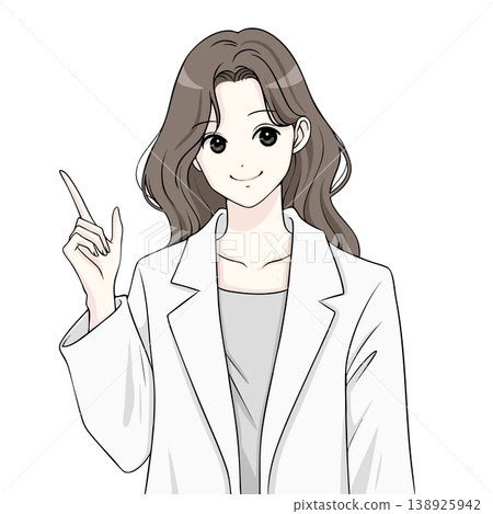 Illustration of a woman in a white coat, a doctor, a lecturer, and a woman pointing. Illustration of a woman in a white coat, a doctor, a lecturer, and a woman pointing. 138925942