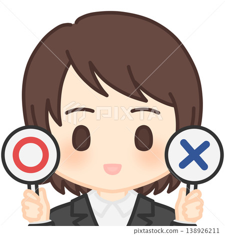 Female employee holding correct/incorrect tags 138926211