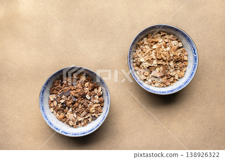 Granola bowls top view healthy breakfast 138926322