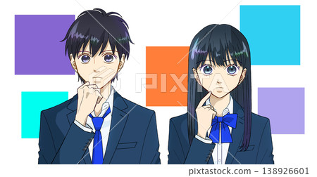An anime-style illustration of a male or female high school student thinking about which one to choose, against a white background. 138926601