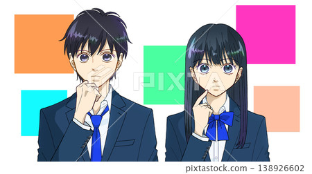 An anime-style illustration of a male or female high school student thinking about which one to choose, against a white background. An anime-style illustration of a male or female high school student thinking about which one to choose, against a white background. 138926602