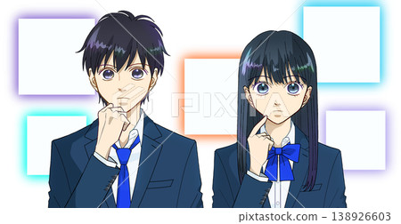 An anime-style illustration of a male or female high school student thinking about which one to choose, against a white background. An anime-style illustration of a male or female high school student thinking about which one to choose, against a white background. 138926603