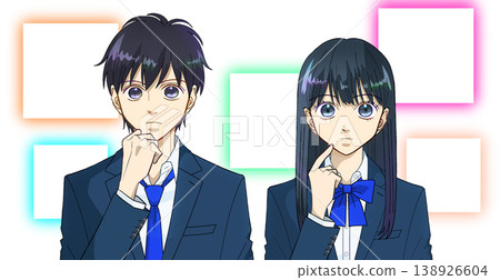 An anime-style illustration of a male or female high school student thinking about which one to choose, against a white background. An anime-style illustration of a male or female high school student thinking about which one to choose, against a white background. 138926604
