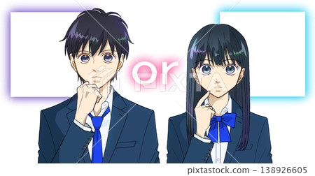 An anime-style illustration of a male or female high school or middle school student deciding which to choose, against a white background. An anime-style illustration of a male or female high school or middle school student deciding which to choose, against a white background. 138926605