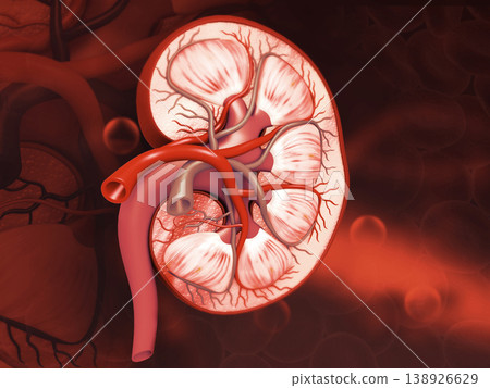 Human kidney cross section on medical background Human kidney cross section on medical background 138926629