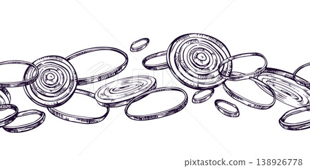 Hand drawn onion rings illustration created with ink pen. Graphic line art sketch for food design, cooking ingredient, harvest theme, restaurant menu, packaging and healthy vegetable. 138926778