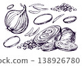 Set of hand drawn onion vegetable illustration. Outline sketch of whole and sliced bulb for culinary art. Monochromatic ink drawing for menu design, organic food packaging and recipe. 138926780