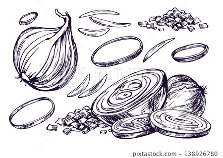 Set of hand drawn onion vegetable illustration. Outline sketch of whole and sliced bulb for culinary art. Monochromatic ink drawing for menu design, organic food packaging and recipe. 138926780